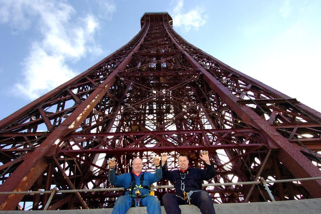 Dave Hulme (left) and Paul Hulley, were in the final stages of relamping the 10000 lightbulbs on Blackpool Tower