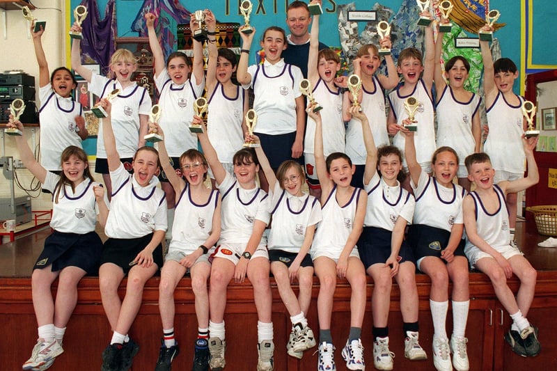 Thames County Primary School athletics team, who were successful at the Blackpool and Fylde Indoor Athletics Championships, held at Blackpool Sports Centre, pictured with their coach - Mr Stephen Staveley