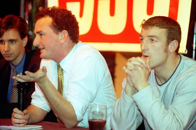 Blackpool FC fans were invited to a media night at the Tangerine Club for a question and answer session with local radio and newspaper journalists who cover the club.
Pic shows The Gazette's Jonathan Lee replying to a question, flanked by the Football League's Chris Hull (left) and Blackpool player Phil Clarkson. This was in 1997