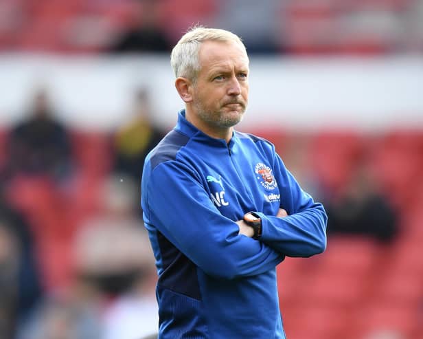 NOTTINGHAM, ENGLAND - OCTOBER 16: Blackpool Head Coach Neil Critchley during the Sky Bet Championship match between Nottingham Forest and Blackpool at City Ground on October 16, 2021 in Nottingham, England. (Photo by Tony Marshall/Getty Images)