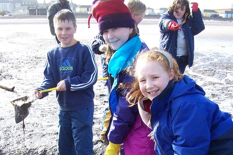 Sarah Graham, Rachael Boylan and Callum Fyall - St Wulstan's RC Primary School pupils in 2002 on a beach visit