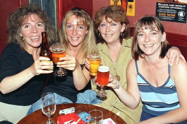 Wheatsheaf party night. From left, Mandy Steed, Lisa Steed, Debbie O'Rourke and Maria Gouhar, late 90s
