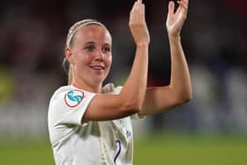 England's Beth Mead celebrates after the Lionesses crushed Sweden 4-0 in the Euro's semi-final