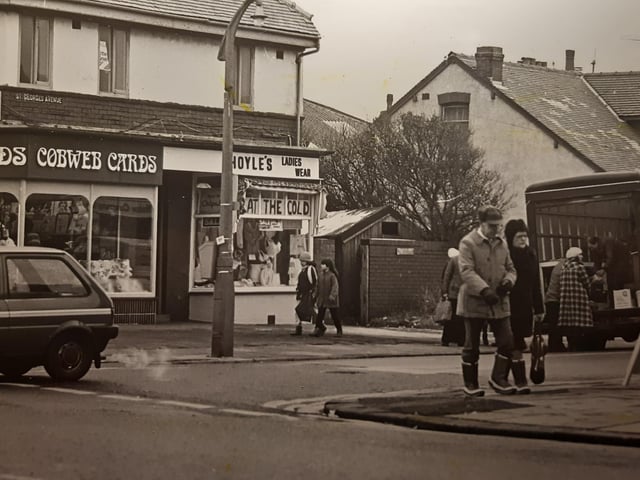 Cobweb Cards and Hoyle's Ladies Wear on the corner of St George's Avenue in January 1985
