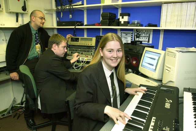 Pictured in the new music studio at Lytham St Annes High School Technology College. From left music teacher Chris Smith, Ross Vickery (16) and Tessa Finlayson (16)