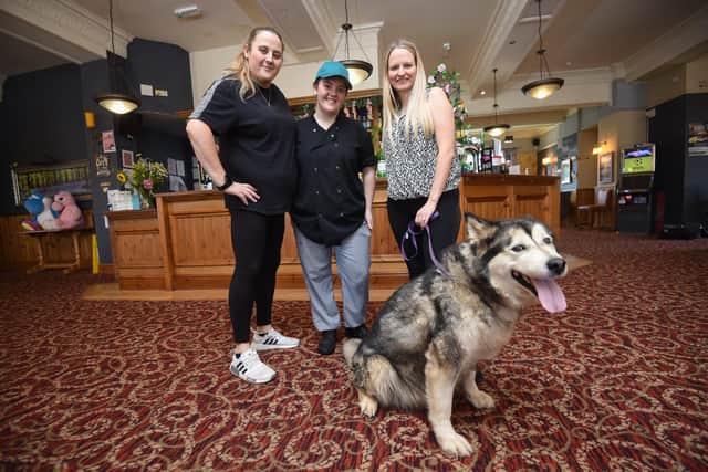 The Bellflower in Garstang has been nominated for the dog-friendliest award at the British Pub Awards. Pictured is Caroline Porter-Brandwood, Jessica Salisbury and Heather Porter-Brandwood with dog Maia.