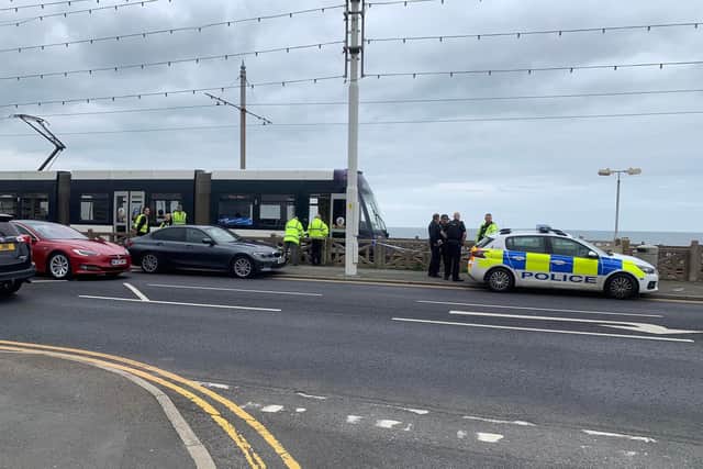 Police have cordoned off the tramway after a pedestrian was reportedly struck near Lowther Avenue in Bispham. Pic credit: David Scott