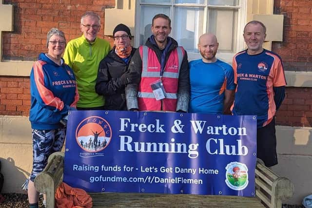 Kim GabbatissFreckleton & Warton Running Club's (from left) Kim Gabbatiss, Roy Higginson, Michael Pedley, Paul Fry, Lee Illingworth and Mike Fitzpatrick campaigning for Let's Get Danny Home