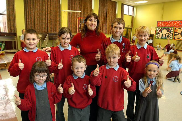 Baines Endowed CE Primary School in Thornton had been praised by Ofsted as a 'Good' school in 2004. With Deputy Headteacher Stephanie Reeves are, back (from left), Christopher Tennant, Lydia Critchley, Nicholas Canning and Jodie Lane. Front, from left, Meredith Ashton, Daniel Johnson, Callum Berry and Sophie Chew.