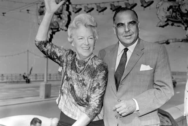 Gracie Fields with her husband Boris Alperovici  outside the Imperial Hotel, Blackpool . She was in town to switch on the 1964 Illuminations