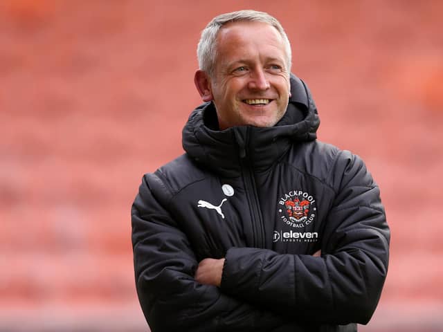BLACKPOOL, ENGLAND - MAY 04: Neil Critchley, Manager of Blackpool, looks on prior to the Sky Bet League One match between Blackpool and Doncaster Rovers at Bloomfield Road on May 04, 2021 in Blackpool, England. Sporting stadiums around the UK remain under strict restrictions due to the Coronavirus Pandemic as Government social distancing laws prohibit fans inside venues resulting in games being played behind closed doors. (Photo by Charlotte Tattersall/Getty Images)