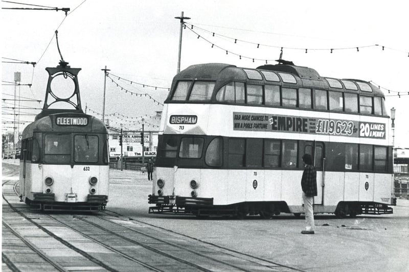 A double decker tram derailed on Blackpool Promenade near South Pier in the 1970s