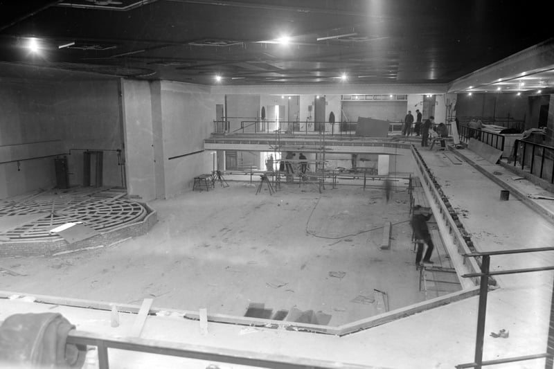 The caption on the back of this photo says - 'The New World Ballroom under construction in 1964, with it's revolving stage, at the Mecca Locarno, Central Drive'. It was 1964