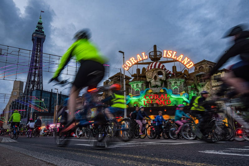 Cyclists passed all the famous landmarks  on Blackpool Promenade during Ride the Lights, such as the Coral Island amusements.