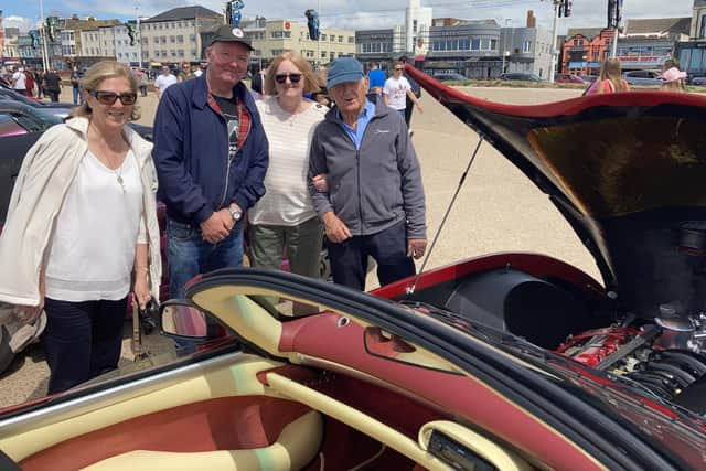 Best in Show title winner Dennis Atherton (second left) with his TVR Tuscan, Julie Lilley (left) and judges Jenny Mleczek and Martin Lilley at the TVR rally to mark 75 years since the sports car firm's founding