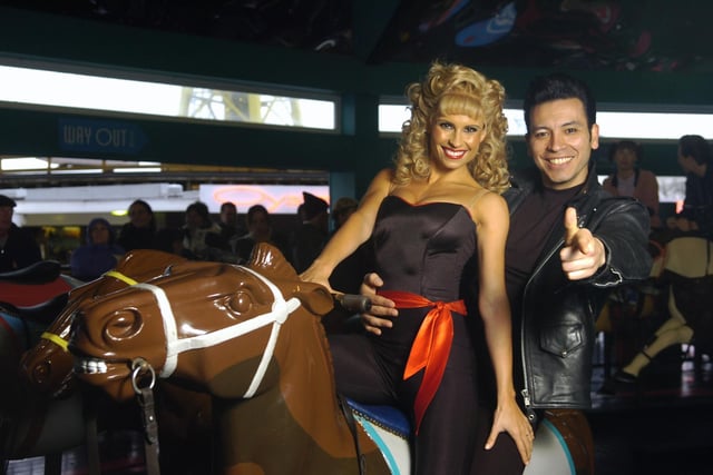 Cast members from Grease at Blackpool Pleasure Beach in 2005.  Pictured are Carina Gillespie as Sandy and Ricky Rojas as Danny