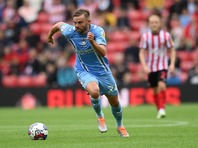 SUNDERLAND, ENGLAND - JULY 31:  Coventry player Matty Godden in action during the Sky Bet Championship between Sunderland and Coventry City at Stadium of Light on July 31, 2022 in Sunderland, England. (Photo by Stu Forster/Getty Images)