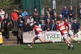 Fylde go over for a try against Otley. Photo: Chris  Farrow