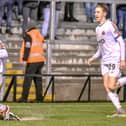 AFC Fylde's Ethan Mitchell celebrates his goal, accompanied by Danny Ormerod Picture: Steve McLellan