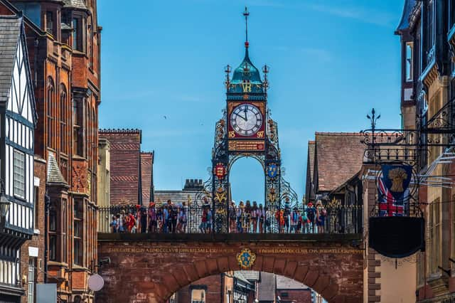 Turret clock built in Victorian times above a Georgian arch, listed as a historic landmark, in the city of Chester. Picture: Geoff Eccles - stock.adobe.com