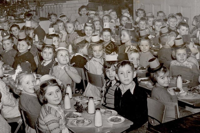 Happy guests at the Christmas party of Lytham Infants School, 1953