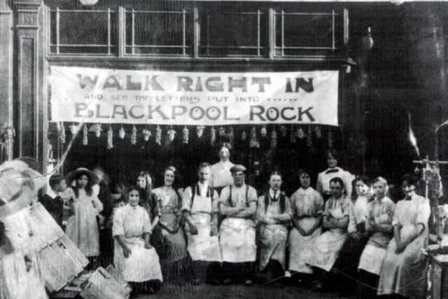 Staff outside C A Higgins and Company Rock Shop in Talbot Road, Blackpool in 1912