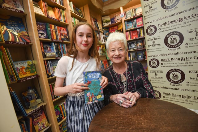 Author Jacqueline Wilson meets young reader Sophia Sinacola at Book, Bean and Ice Cream in Kirkham.