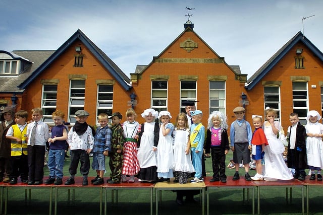 Pupils at Waterloo Primary School in Blackpool wore fancy dress to represent the 100 years since the school opened. Pictured are the infants on the catwalk
