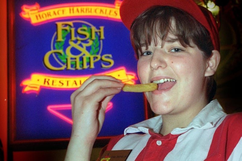 Blackpool Tower catering assistant Lisa Haddock tucks into a plate of fish and chips at the  Horace Harbuckles Fish and Chips Restaraunt at Blackpool Tower, 1997