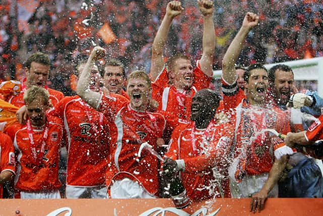 Blackpool players celebrate promotion after winning the League One play-off final against Yeovil Town at Wembley Stadium in May 2007 Picture: Jamie McDonald/Getty Images