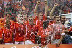 Blackpool players celebrate promotion after winning the League One play-off final against Yeovil Town at Wembley Stadium in May 2007 Picture: Jamie McDonald/Getty Images