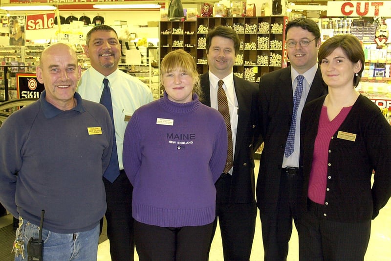 Pricebusters staff Bob Littlewood , Steven Caldwell, Gayle Straughaire, Graham Hill, Paul Kendrick and Clare Drinkwater
