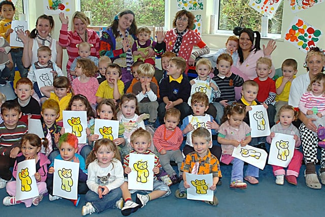 Staff and children at A-Zoo Nursery, Blackpool, with their Pudsey pictures for Children in Need