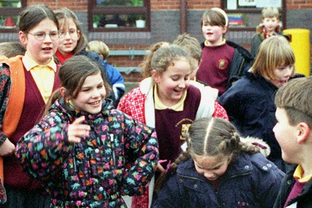Happy faces at playtime at Teresa's RC Primary School, Cleveleys
