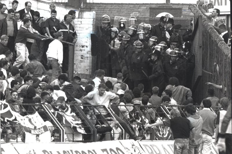 Crowd trouble spilled on the terraces at Bloomfield Road when Blackpool played Birmingham