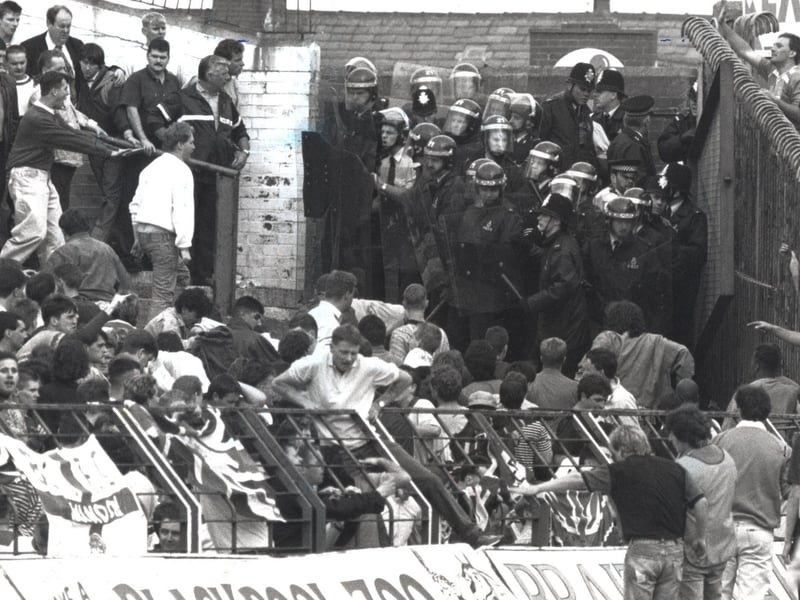 Crowd trouble spilled on the terraces at Bloomfield Road when Blackpool played Birmingham