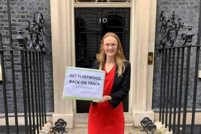 Cat Smith the Get Fleetwood Back on Track petition outside 10 Downing Street