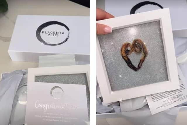 Left: the package unopened. Right: the framed placenta. Image: charlottedawsy on Instagram