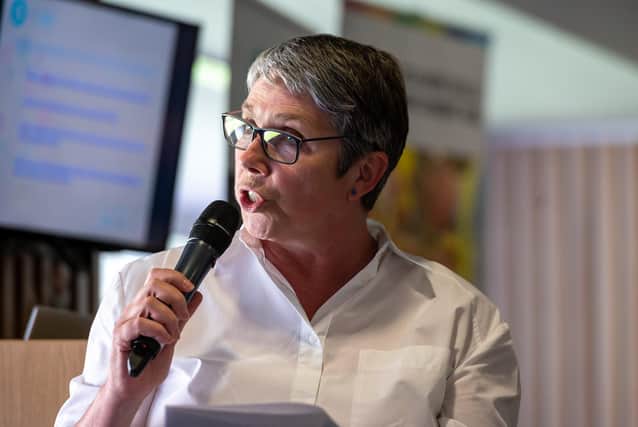 Debbie Francis chair of Lancashire Enterprise Partnership speaking at the Lancashire Careers Hub Annual Conference 2022 held at Blackburn Rovers FC stadium