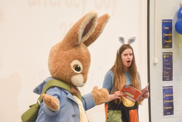 Story time with Peter Rabbit  as he pays a visit to pupils at Westminster Primary School, Blackpool