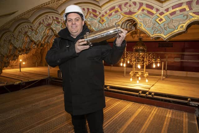 A time capsule has been hidden inside Blackpool Tower after signatures dating back more than 100 years were uncovered on the Circus ceiling during renovations.
Tower general manager Kenny Mew is pictured