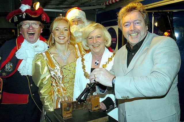 Blackpool Christmas Lights switch-on by Jeremy Beadle in 2004. Also pictured are the Mayor of Blackpool-Councillor Maxine Callow, Town Crier Barry McQueen and and Michelle Hughes (from Thornton), who was the Princess in the Grand Theatre panto Jack and the Beanstalk