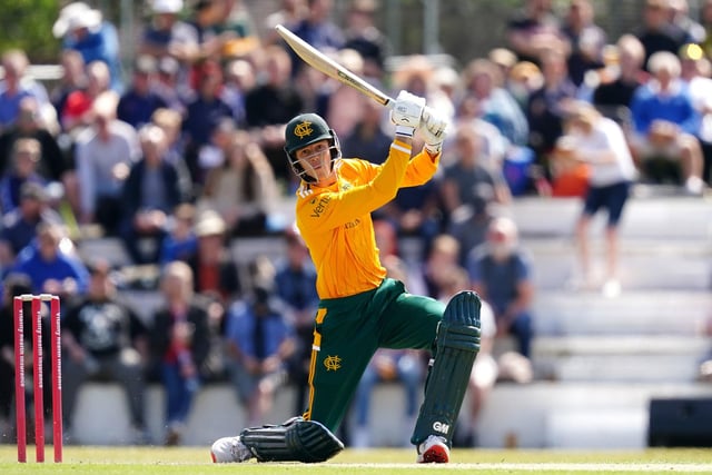 Notts Outlaws' Calvin Harrison hits a boundary during the Vitality Blast T20