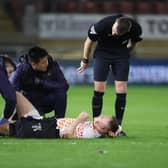 Andy Lyons was forced off against Leyton Orient. The Blackpool wing-back is out for a lengthy period. (Image: Camera Sport)