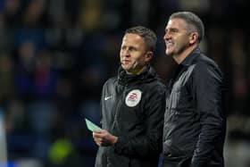 Preston North End manager Ryan Lowe has a word with the fourth official David Webb during the midweek win over Huddersfield Town.
