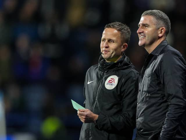 Preston North End manager Ryan Lowe has a word with the fourth official David Webb during the midweek win over Huddersfield Town.
