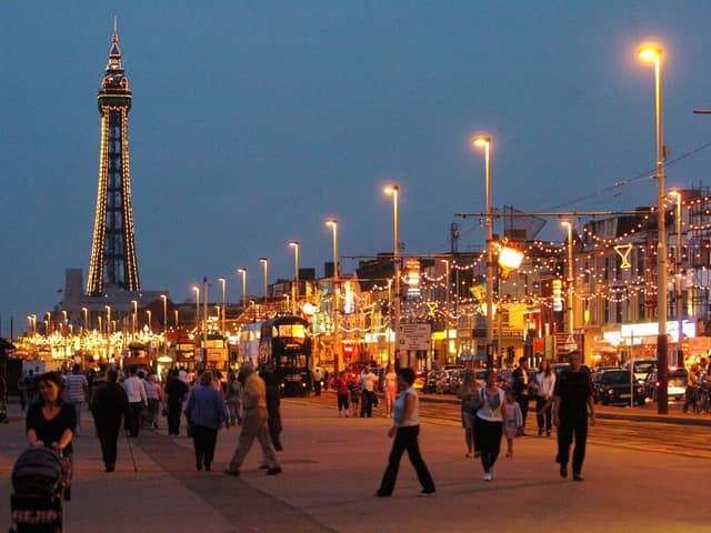 A promenade scene shows a busy Blackpool seafront