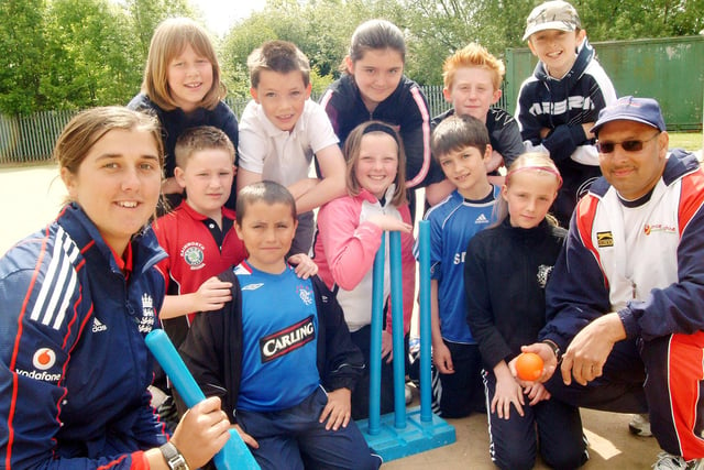 Year 5 pupils from Peafield Primary School take part in the National Chance to Shine Day with cricketers Jenny Gunn, left, who plays with the English ladies team and Tazz Ahmed who is head of cricket at Welbeck Cricket Club and a community sports development officer.