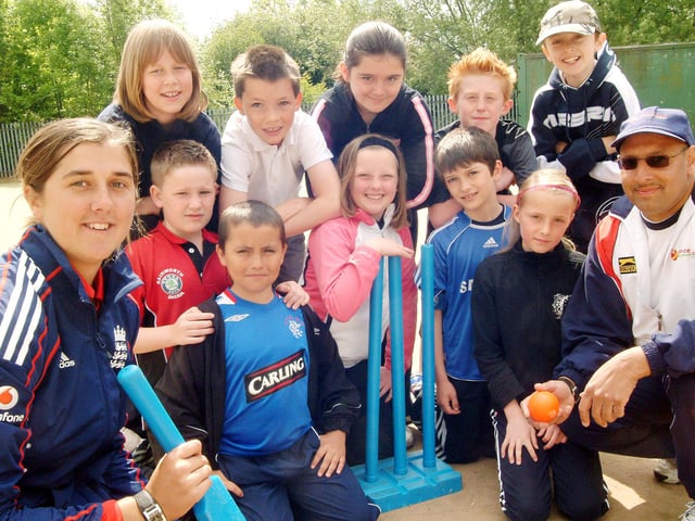 Year 5 pupils from Peafield Primary School take part in the National Chance to Shine Day with cricketers Jenny Gunn, left, who plays with the English ladies team and Tazz Ahmed who is head of cricket at Welbeck Cricket Club and a community sports development officer.