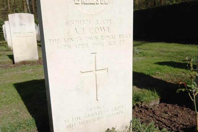 The war grave of Fleetwood man AJ Cowe, at Overloon in the Netherlands, has been adopted by Dutch couple Dennis and Anne Peeters